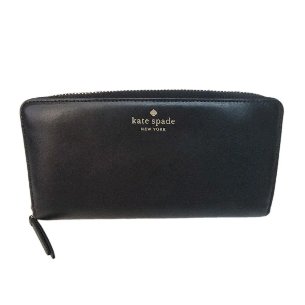 Kate Spade New York Black Leather Zip Around Continental Wallet Gold Tone
